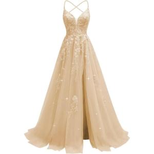 imageTulle Lace Appliques Prom Dresses Long Ball Gown for Women Spaghetti Straps Corset Backless Evening DressChampagne