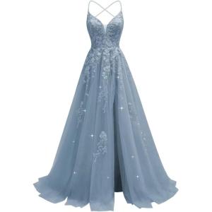 imageTulle Lace Appliques Prom Dresses Long Ball Gown for Women Spaghetti Straps Corset Backless Evening DressDusty Blue