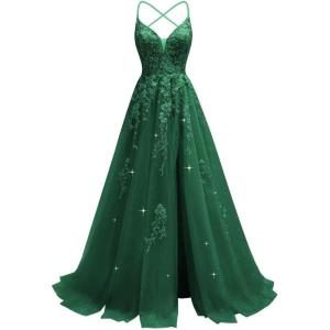 imageTulle Lace Appliques Prom Dresses Long Ball Gown for Women Spaghetti Straps Corset Backless Evening DressEmerald Green
