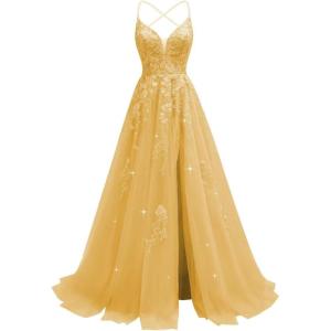 imageTulle Lace Appliques Prom Dresses Long Ball Gown for Women Spaghetti Straps Corset Backless Evening DressGold