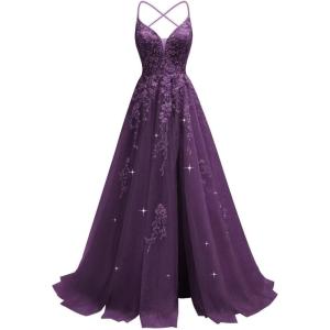 imageTulle Lace Appliques Prom Dresses Long Ball Gown for Women Spaghetti Straps Corset Backless Evening DressGrape