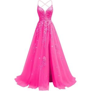 imageTulle Lace Appliques Prom Dresses Long Ball Gown for Women Spaghetti Straps Corset Backless Evening DressHot Pink