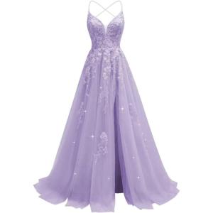 imageTulle Lace Appliques Prom Dresses Long Ball Gown for Women Spaghetti Straps Corset Backless Evening DressLavender