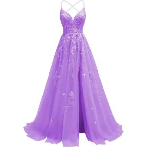imageTulle Lace Appliques Prom Dresses Long Ball Gown for Women Spaghetti Straps Corset Backless Evening DressLilac