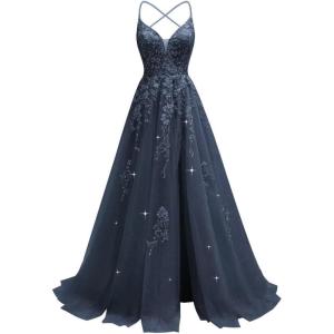 imageTulle Lace Appliques Prom Dresses Long Ball Gown for Women Spaghetti Straps Corset Backless Evening DressNavy Blue