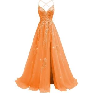 imageTulle Lace Appliques Prom Dresses Long Ball Gown for Women Spaghetti Straps Corset Backless Evening DressOrange