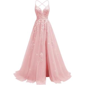 imageTulle Lace Appliques Prom Dresses Long Ball Gown for Women Spaghetti Straps Corset Backless Evening DressPink