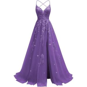 imageTulle Lace Appliques Prom Dresses Long Ball Gown for Women Spaghetti Straps Corset Backless Evening DressPurple