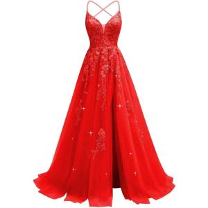imageTulle Lace Appliques Prom Dresses Long Ball Gown for Women Spaghetti Straps Corset Backless Evening DressRed