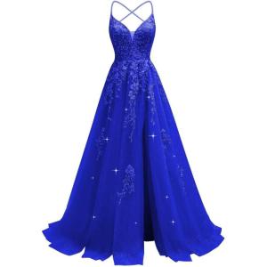 imageTulle Lace Appliques Prom Dresses Long Ball Gown for Women Spaghetti Straps Corset Backless Evening DressRoyal Blue