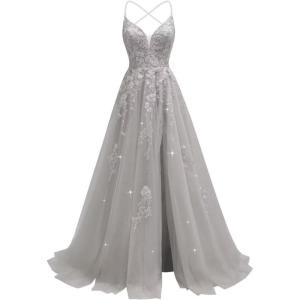 imageTulle Lace Appliques Prom Dresses Long Ball Gown for Women Spaghetti Straps Corset Backless Evening DressSilver