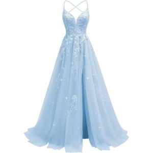 imageTulle Lace Appliques Prom Dresses Long Ball Gown for Women Spaghetti Straps Corset Backless Evening DressSky Blue