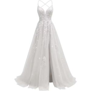 imageTulle Lace Appliques Prom Dresses Long Ball Gown for Women Spaghetti Straps Corset Backless Evening DressWhite