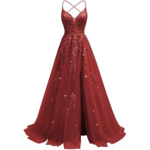 imageTulle Lace Appliques Prom Dresses Long Ball Gown for Women Spaghetti Straps Corset Backless Evening DressWine Red