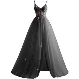 imageTulle Sequin Prom Dresses Long Ball Gown for Women Spaghetti Straps Corset Backless Evening Dress with SlitBlack