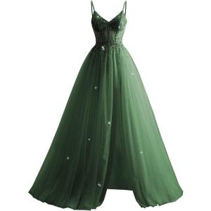 imageTulle Sequin Prom Dresses Long Ball Gown for Women Spaghetti Straps Corset Backless Evening Dress with SlitEmerald Green