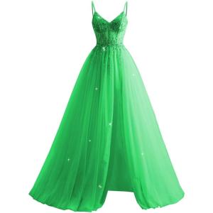 imageTulle Sequin Prom Dresses Long Ball Gown for Women Spaghetti Straps Corset Backless Evening Dress with SlitGreen