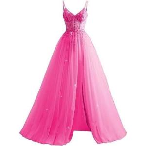 imageTulle Sequin Prom Dresses Long Ball Gown for Women Spaghetti Straps Corset Backless Evening Dress with SlitHot Pink