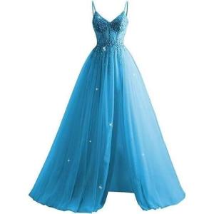imageTulle Sequin Prom Dresses Long Ball Gown for Women Spaghetti Straps Corset Backless Evening Dress with SlitLake Blue