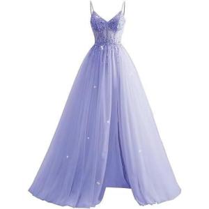 imageTulle Sequin Prom Dresses Long Ball Gown for Women Spaghetti Straps Corset Backless Evening Dress with SlitLavender