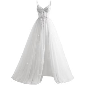 imageTulle Sequin Prom Dresses Long Ball Gown for Women Spaghetti Straps Corset Backless Evening Dress with SlitLvory