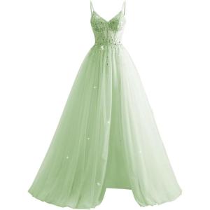 imageTulle Sequin Prom Dresses Long Ball Gown for Women Spaghetti Straps Corset Backless Evening Dress with SlitMint