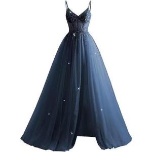 imageTulle Sequin Prom Dresses Long Ball Gown for Women Spaghetti Straps Corset Backless Evening Dress with SlitNavy Blue