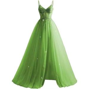 imageTulle Sequin Prom Dresses Long Ball Gown for Women Spaghetti Straps Corset Backless Evening Dress with SlitOlive