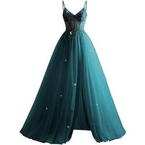 imageTulle Sequin Prom Dresses Long Ball Gown for Women Spaghetti Straps Corset Backless Evening Dress with SlitPeacock