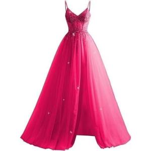 imageTulle Sequin Prom Dresses Long Ball Gown for Women Spaghetti Straps Corset Backless Evening Dress with SlitRose Red