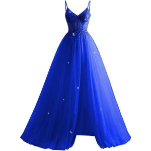 imageTulle Sequin Prom Dresses Long Ball Gown for Women Spaghetti Straps Corset Backless Evening Dress with SlitRoyal Blue