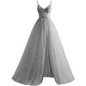 imageTulle Sequin Prom Dresses Long Ball Gown for Women Spaghetti Straps Corset Backless Evening Dress with SlitSilver