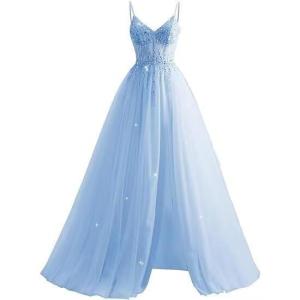 imageTulle Sequin Prom Dresses Long Ball Gown for Women Spaghetti Straps Corset Backless Evening Dress with SlitSky Blue