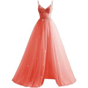 imageTulle Sequin Prom Dresses Long Ball Gown for Women Spaghetti Straps Corset Backless Evening Dress with SlitWatermelon