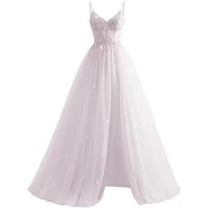 imageTulle Sequin Prom Dresses Long Ball Gown for Women Spaghetti Straps Corset Backless Evening Dress with SlitWhite