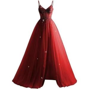 imageTulle Sequin Prom Dresses Long Ball Gown for Women Spaghetti Straps Corset Backless Evening Dress with SlitWine Red