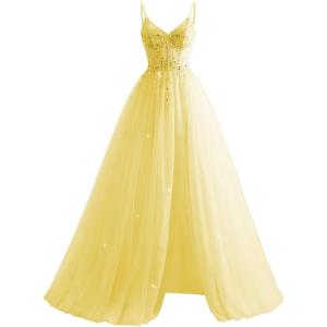 imageTulle Sequin Prom Dresses Long Ball Gown for Women Spaghetti Straps Corset Backless Evening Dress with SlitYellow