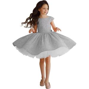 imageTutu Pageant Gowns Sequin Flower Girl Dress Short Princess Dress Ball GownSilver