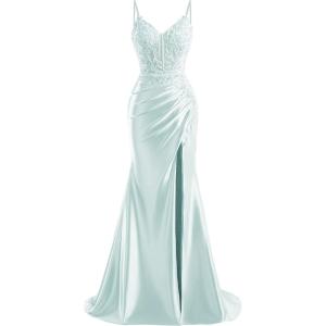 imageV Neck Satin Prom Dresses Long 2025 Mermaid Beaded Formal Dresses Pleated Evening Party Gown with SlitBaby Blue