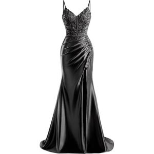 imageV Neck Satin Prom Dresses Long 2025 Mermaid Beaded Formal Dresses Pleated Evening Party Gown with SlitBlack