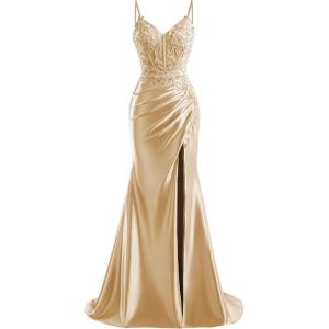 imageV Neck Satin Prom Dresses Long 2025 Mermaid Beaded Formal Dresses Pleated Evening Party Gown with SlitChampagne