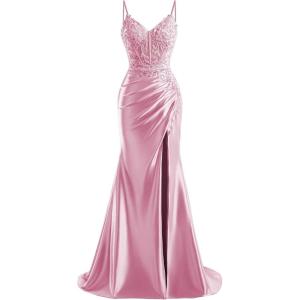 imageV Neck Satin Prom Dresses Long 2025 Mermaid Beaded Formal Dresses Pleated Evening Party Gown with SlitDusty Pink
