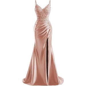 imageV Neck Satin Prom Dresses Long 2025 Mermaid Beaded Formal Dresses Pleated Evening Party Gown with SlitDusty Rose