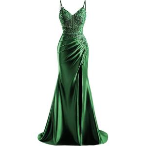 imageV Neck Satin Prom Dresses Long 2025 Mermaid Beaded Formal Dresses Pleated Evening Party Gown with SlitEmerald Green