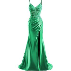 imageV Neck Satin Prom Dresses Long 2025 Mermaid Beaded Formal Dresses Pleated Evening Party Gown with SlitGreen