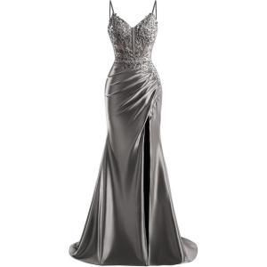 imageV Neck Satin Prom Dresses Long 2025 Mermaid Beaded Formal Dresses Pleated Evening Party Gown with SlitGrey