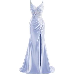 imageV Neck Satin Prom Dresses Long 2025 Mermaid Beaded Formal Dresses Pleated Evening Party Gown with SlitLavender