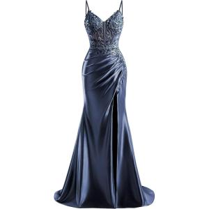 imageV Neck Satin Prom Dresses Long 2025 Mermaid Beaded Formal Dresses Pleated Evening Party Gown with SlitNavy Blue