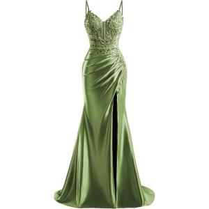 imageV Neck Satin Prom Dresses Long 2025 Mermaid Beaded Formal Dresses Pleated Evening Party Gown with SlitOlive