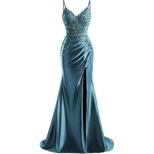 imageV Neck Satin Prom Dresses Long 2025 Mermaid Beaded Formal Dresses Pleated Evening Party Gown with SlitPeacock
